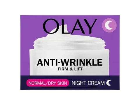 Olay Anti-Wrinkle Firm & Lift Night Cream packaging on a white background