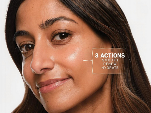 Close-up of a woman's face with text indicating '3 Actions: Smooth, Renew, Hydrate' on a white background.