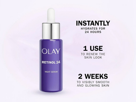 Olay Retinol 24 night serum bottle with promotional text on a light purple background
