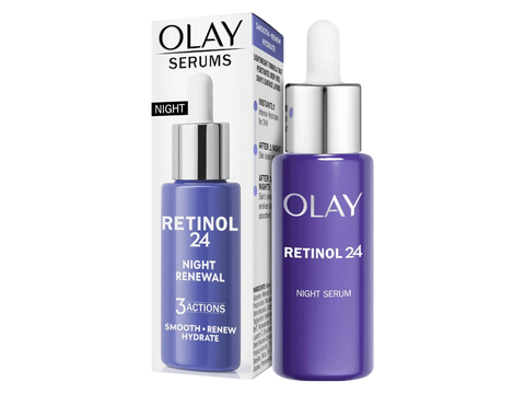 Olay Retinol 24 Night Serum with packaging on a white background