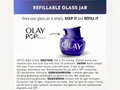 Olay night cream jar with refillable glass jar feature and usage instructions.