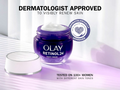 Olay Retinol24 night cream jar with branding and certification on a light background