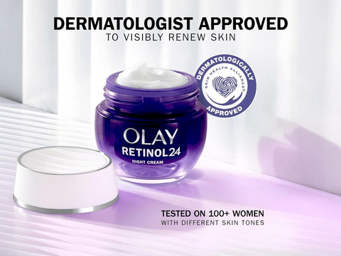 Olay Retinol24 night cream jar with branding and certification on a light background