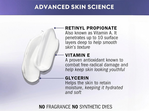 Skincare product with labeled ingredients on a purple background