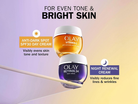 Olay skincare products with text on a gradient background