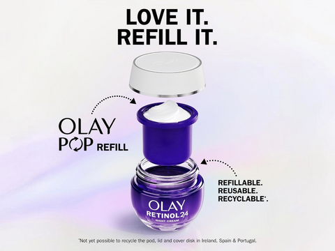 Olay Pop refillable skincare product with text 'Love it. Refill it.' on a light purple background.