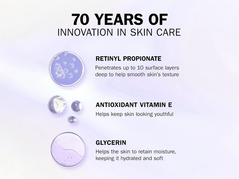 Advertisement for skin care products with text about ingredients and benefits on a light purple background.