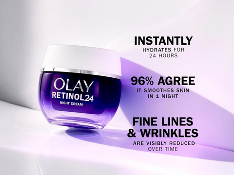 Olay Retinol24 night cream jar with promotional text on a light background