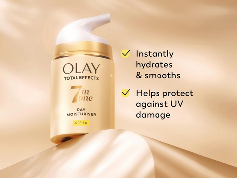 Olay Total Effects moisturizer jar with text on a beige background