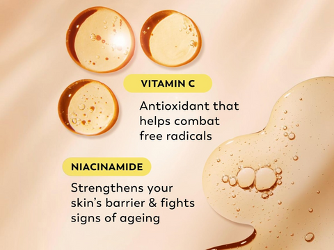Illustration of vitamin C and niacinamide with text on a beige background