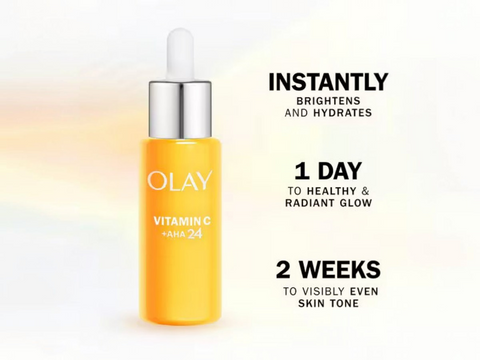 Olay Vitamin C serum bottle with text on a white background