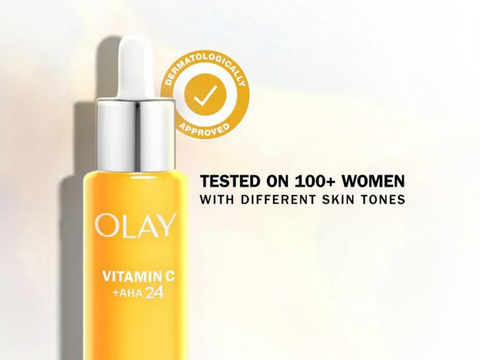 Olay Vitamin C+AHA 24 skincare serum with dermatologically approved badge on a light background