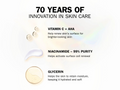 Advertisement highlighting 70 years of skin care innovation with product ingredients on a white background.