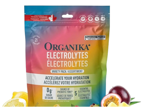 Organika Electrolytes package with colorful design and fruit illustrations on a white background