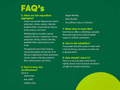 FAQs section on a green background with text about ingredients, taste, solubility, and storage.