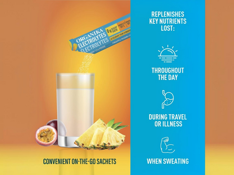 Product packaging for Organika Electrolyte Electrolytes with a glass of smoothie, pineapple, and passion fruit on an orange and blue background.