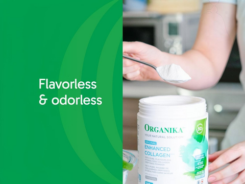 Organika Enhanced Collagen powder with a person applying it to their arm, on a green background.