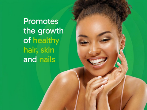 Woman with healthy skin and hair against a green background with promotional text.