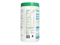 Container of organic collagen protein powder with a green lid on a white background
