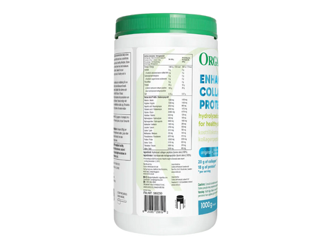 Container of organic collagen protein powder with a green lid on a white background