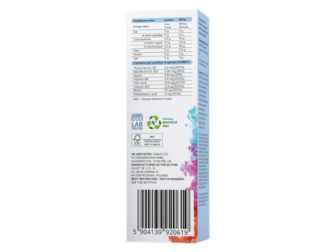 Supplement facts, barcode and directions for Osavi Vitamin B Complex spray.
