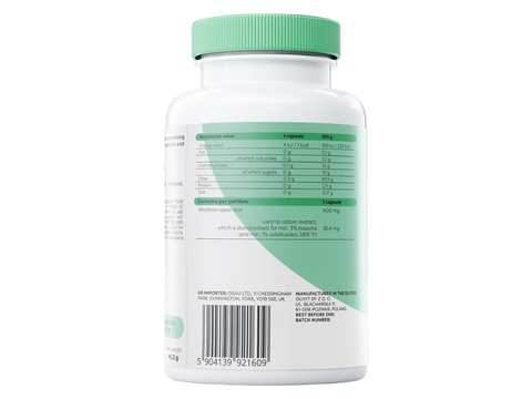 Supplement facts panel and barcode showing rosavin and salidroside standardization.