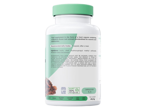 Supplement facts panel showing rosavin and salidroside standardization.