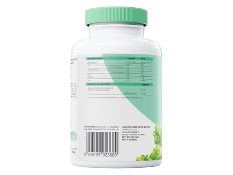 Supplement facts panel and barcode showing 90% saponin standardization for Osavi Tribulus.