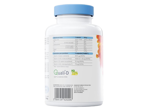 Supplement facts panel and barcode for Osavi Vitamin A, D, E, K complex.