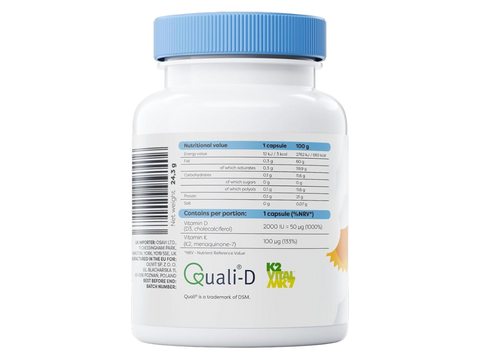 Supplement facts panel and barcode for Osavi D3 K2 complex showing Quali-D and K2VITAL.