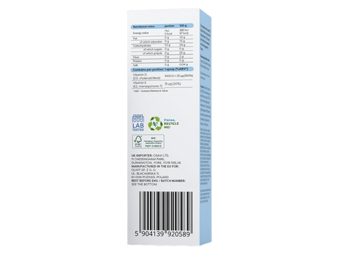 Supplement facts, barcode and directions for Osavi D3 K2 oral spray.