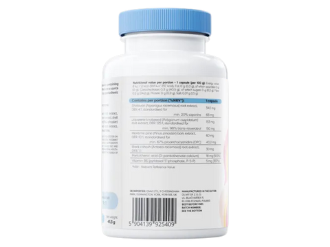 Supplement facts panel and barcode  showing vitamins B5, B6 and herbal extracts.