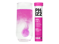 PHIZZ daily supplement with a glass of pink liquid on a white background