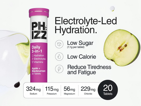 PHIZZ electrolyte supplement tube with health benefits on a white background