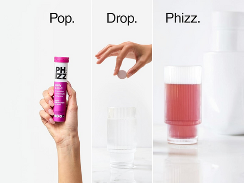 PHIZZ drink mix packaging with a hand holding a bottle, a drop being added to water, and a glass of pink drink.
