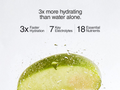 Sliced green apple with water droplets on a white background, featuring text about hydration and nutrients.