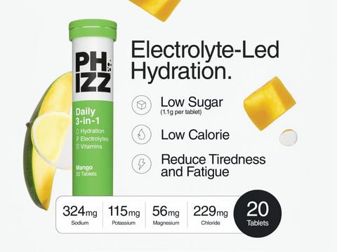 PHIZZ electrolyte supplement bottle with mango flavor on a white background
