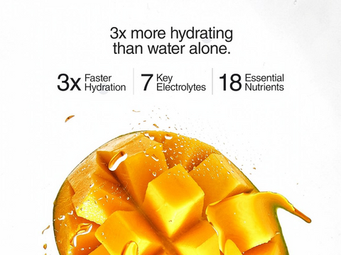 Mango pieces with text highlighting hydration benefits on a white background