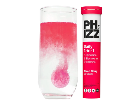PHIZZ Daily 3-in-1 Mixed Berry supplement with a glass of pink liquid on a white background