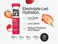 PHIZZ electrolyte supplement with strawberry and raspberry graphics on a white background