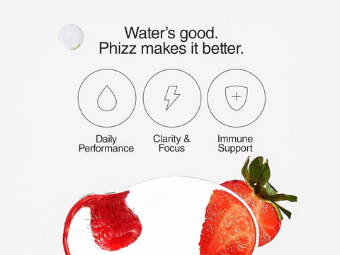 Product packaging with a strawberry and text highlighting benefits on a white background