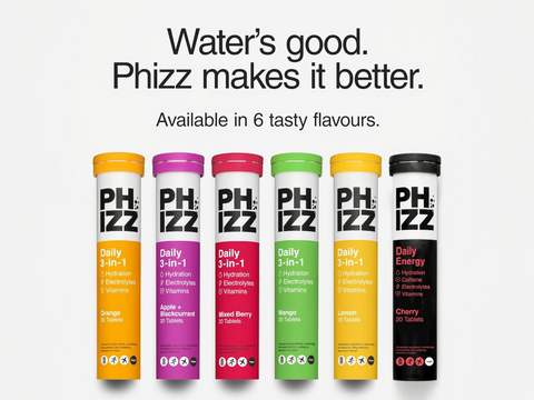 Phizz daily supplement tablets in various flavors on a white background with text.