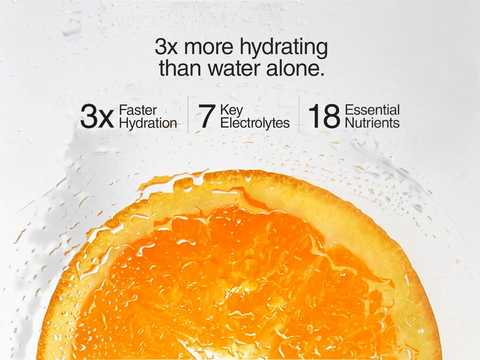Orange slice with water droplets and text about hydration benefits on a light gray background