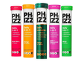 Five PHIZZ supplement tubes in different flavors on a white background