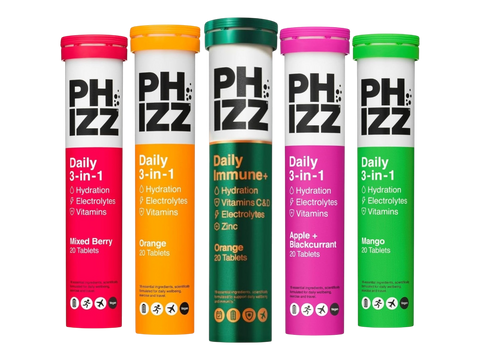 Five PHIZZ supplement tubes in different flavors on a white background