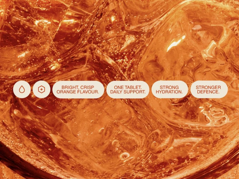 Orange liquid with swirling motion and text highlighting product benefits.