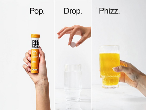 Step-by-step process of opening a PHIZZ drink container and pouring it into a glass.