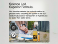 Person tying shoelaces with sports drink and supplement bottle, text about superior formula and sodium-glucose co-transporter.