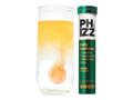 PHIZZ Daily Immune+ supplement tube next to a glass of orange juice on a white background