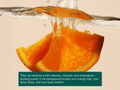 Orange slices splashing into water with a beige background and text overlay.